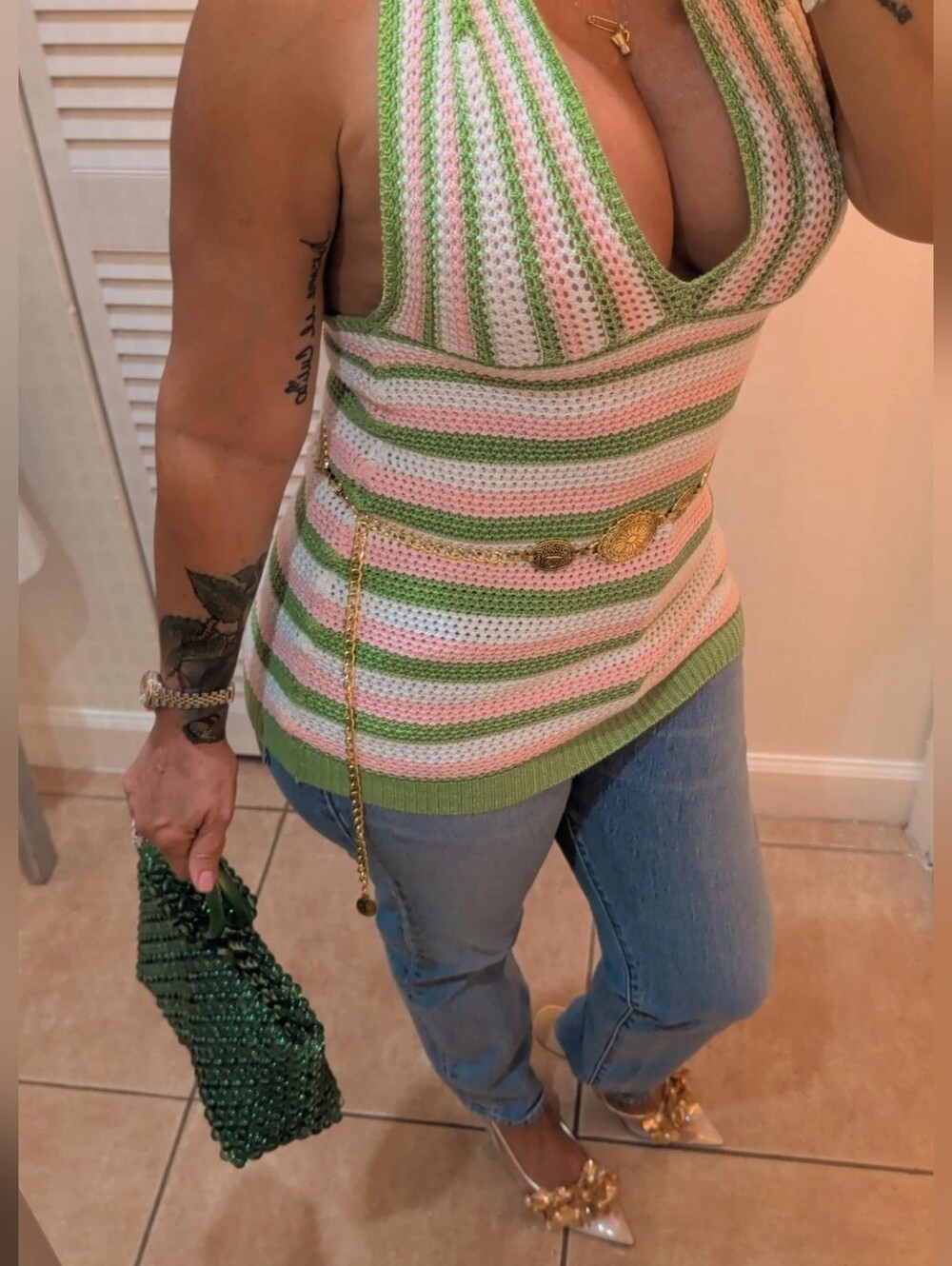 Striped Crochet Halter Top in Pink, Green & White Size Small
